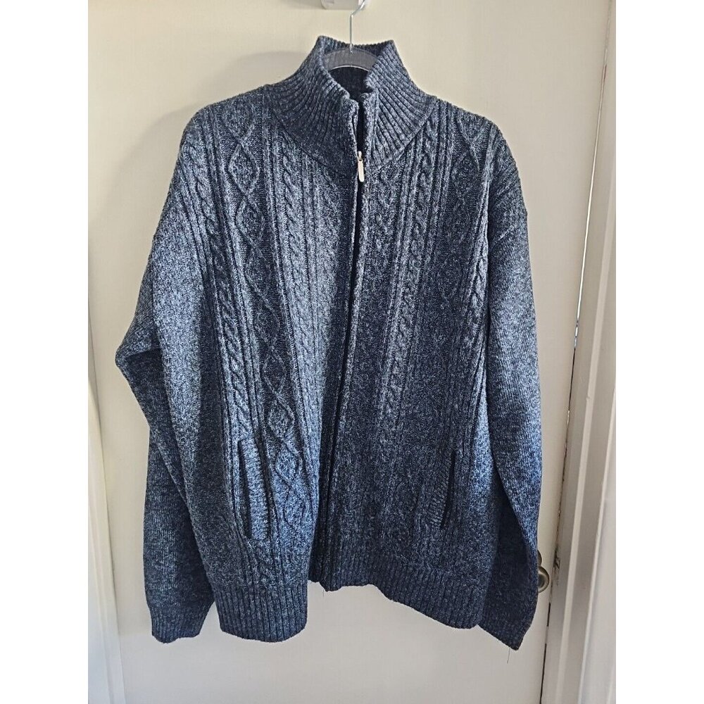 Msmsse Men Blue Cable Knit Full Zip Cardigan Plaid Fleece Lined Mock Neck Sz 2XL